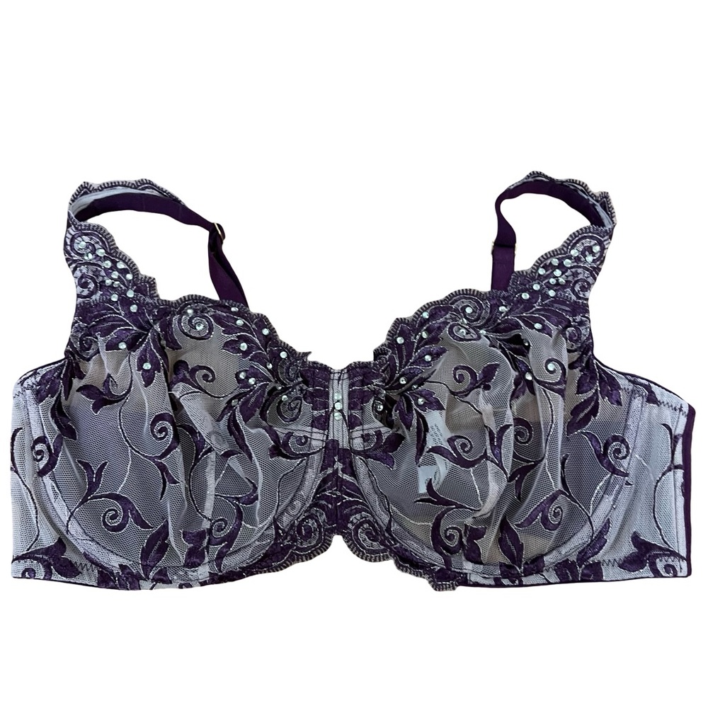 Soma Purple sheer Embroidered Lace rhinestone underwire Bra 36C